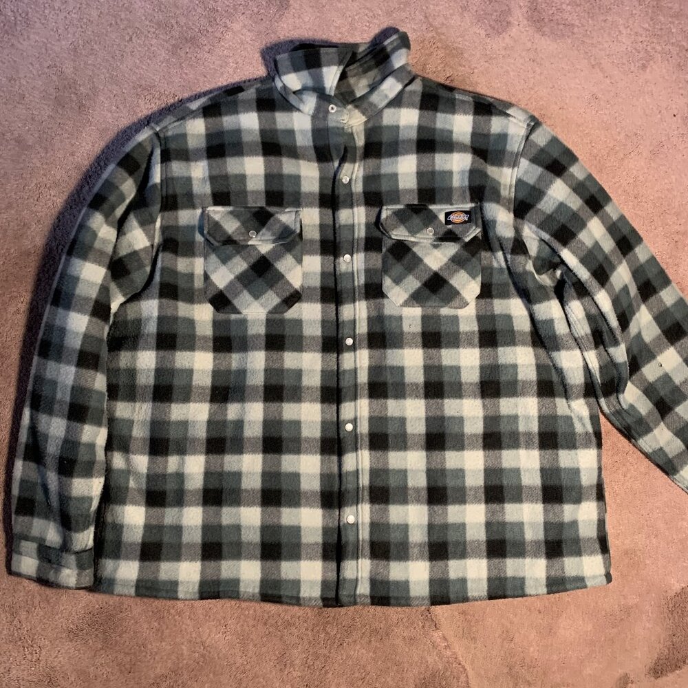 Dickies Mens XXL Plaid Fleece Shirt Jacket Quilted Lined Snap Front Blue Grey
